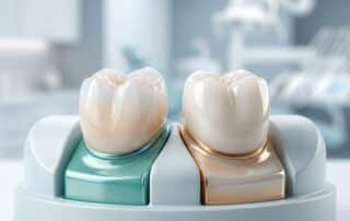 Two ceramic dental crowns shown side by side, illustrating a porcelain and zirconia comparison