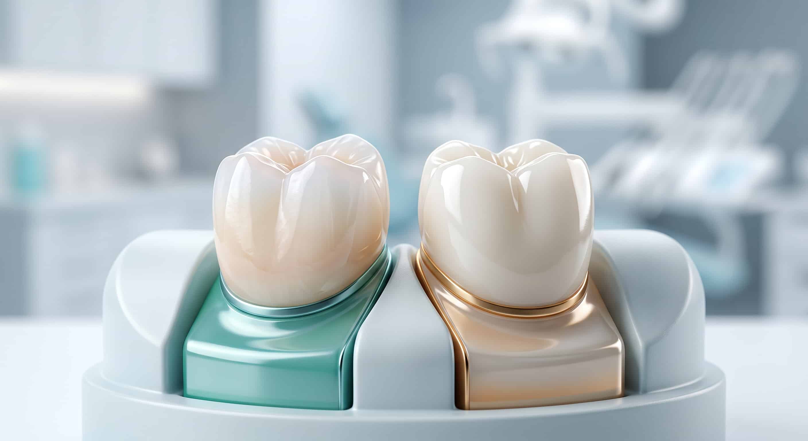 Two ceramic dental crowns shown side by side, illustrating a porcelain and zirconia comparison