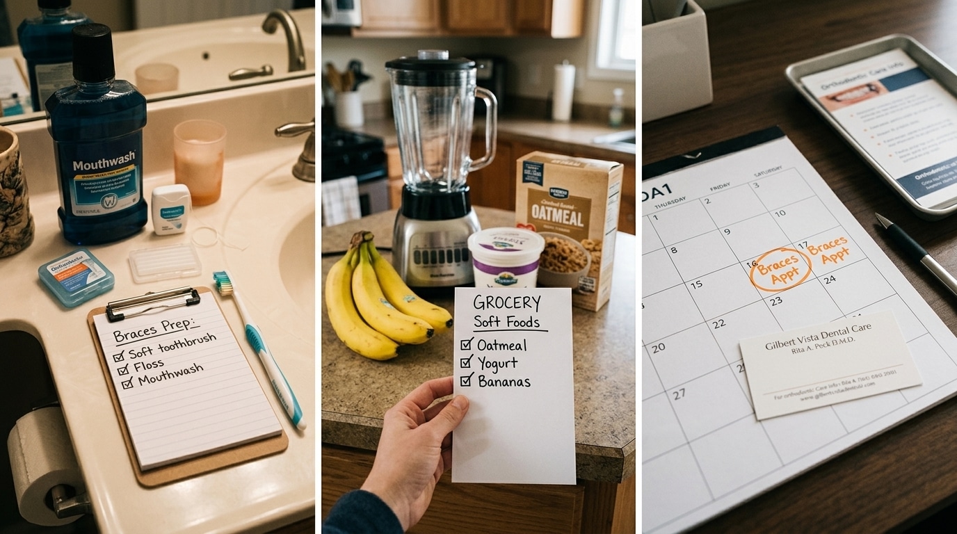 Three ways to prepare for braces: cleaning supplies, soft foods, and an appointment calendar.
