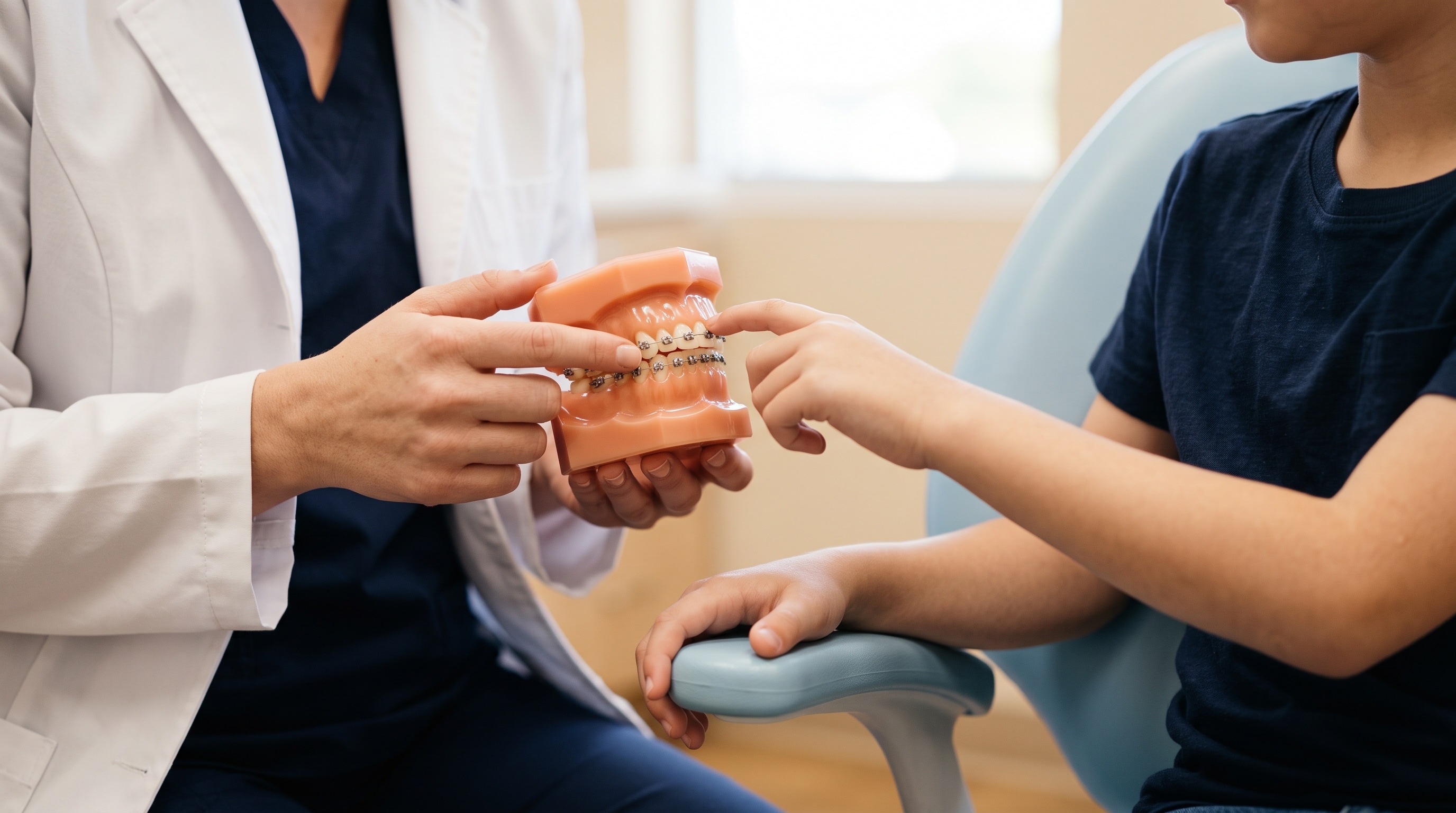 Dentist showing a child a braces model during an orthodontic discussion